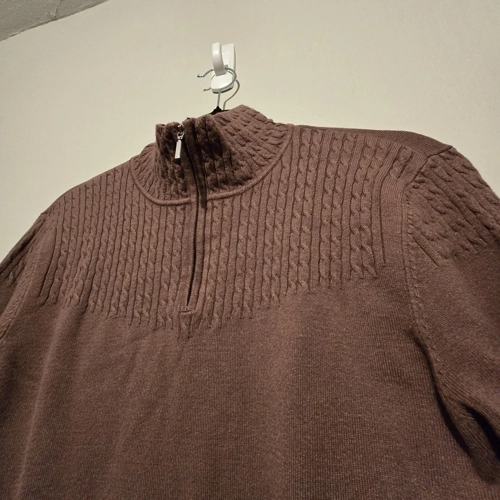NILS Women Cable Knit Sweater LG 1/4 Zip Mock Neck Light Brown Stretch Apres Ski